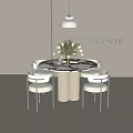 Modern Round Dining Table Set with Marble Top Four Upholstered Chairs and Pendant Light