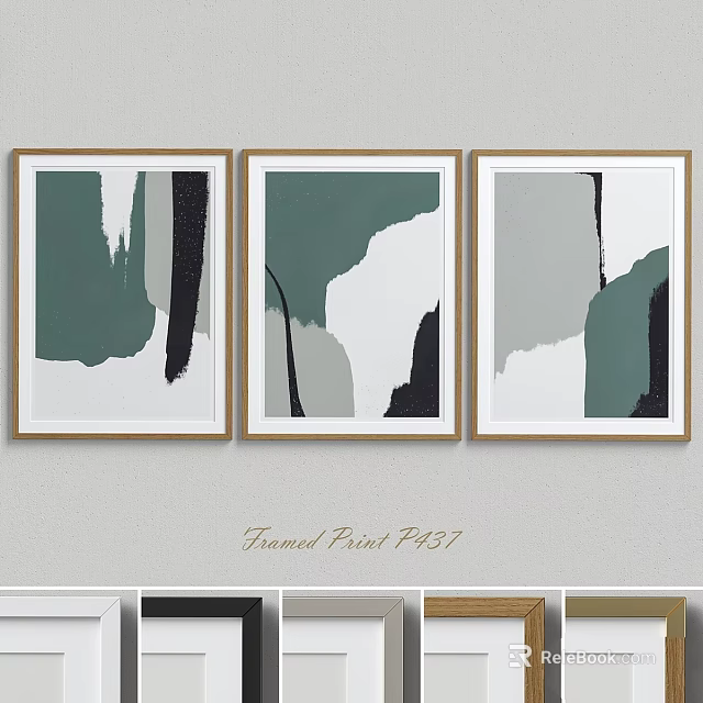 Modern Abstract Framed Prints With Green Gray Black White Wall Art Design 3d model 
