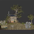 Cartoon Scene With Tiny House Solar Panels Greenhouse Trees Rocks And Water Area