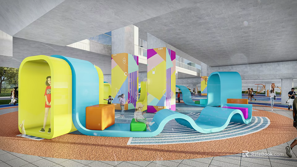Indoor Kids Play Area With Colorful Curved Structures Wave Slide And Geometric Walls 3d model 