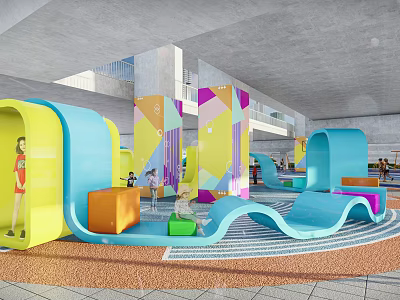 Indoor Kids Play Area With Colorful Curved Structures Wave Slide And Geometric Walls 3d model