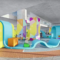 Indoor Kids Play Area With Colorful Curved Structures Wave Slide And Geometric Walls