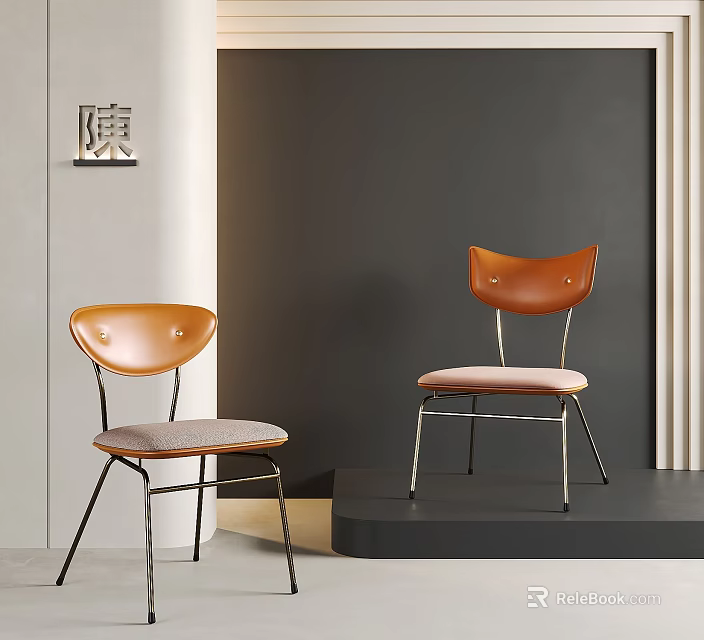 Modern Single Chairs with Brown Leather Upholstery and Metal Frames in Gray Interior 3d model 