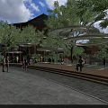 Modern Urban Public Leisure Landscape With Unique Circular Metal Shades Comfortable Seats And Lush Greenery