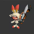 Cute White Rabbit Character With Red Ears Open Mouth Holding Flaming Sword And Fire Effects