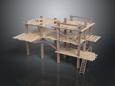 Multi Level Wooden Scaffolding Structure With Planks Support Posts And Ladder 3d model