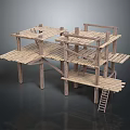 Multi Level Wooden Scaffolding Structure With Planks Support Posts And Ladder