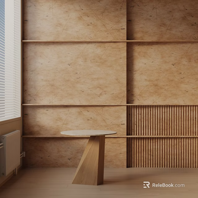 Round Wooden Side Table With Simple Base Against Wooden Wall And Blinds 3d model 