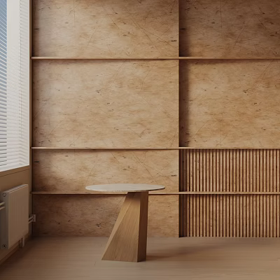 Round Wooden Side Table With Simple Base Against Wooden Wall And Blinds 3d model