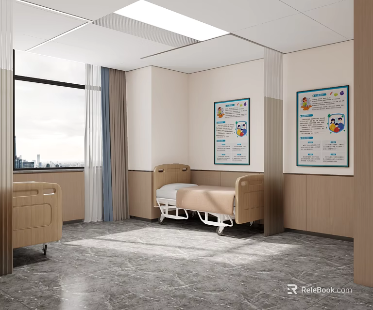 Hospital Outpatient Clinic Interior With Beds Posters And Large Window 3d model 