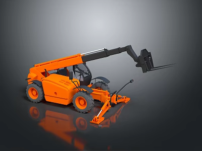 Orange Industrial Telehandler With Extendable Boom Fork Attachment And Black Tires 3d model