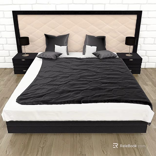 Double Bed With Beige Quilted Diamond Headboard Black Quilt Pillows Nightstands And Lamps 3d model 