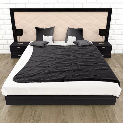 Double Bed With Beige Quilted Diamond Headboard Black Quilt Pillows Nightstands And Lamps 3d model