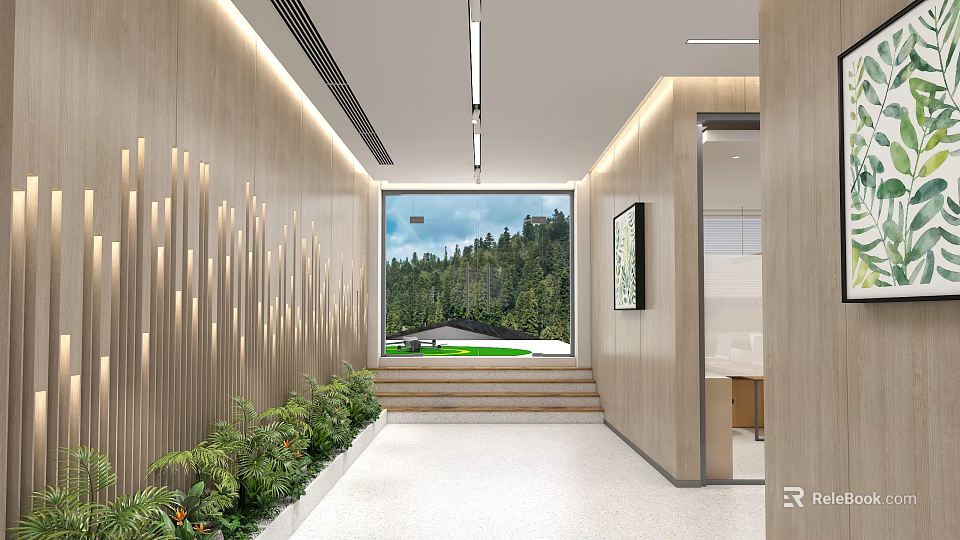 Modern Office Corridor With Wooden Walls Green Plants Large Window Forest View And Steps 3d model 