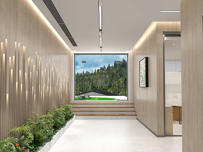 Modern Office Corridor With Wooden Walls Green Plants Large Window Forest View And Steps 3d model