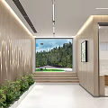 Modern Office Corridor With Wooden Walls Green Plants Large Window Forest View And Steps