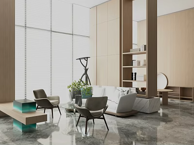 Modern Sofa And Coffee Table Set With Accent Chairs Potted Plants And Bookshelf 3d model