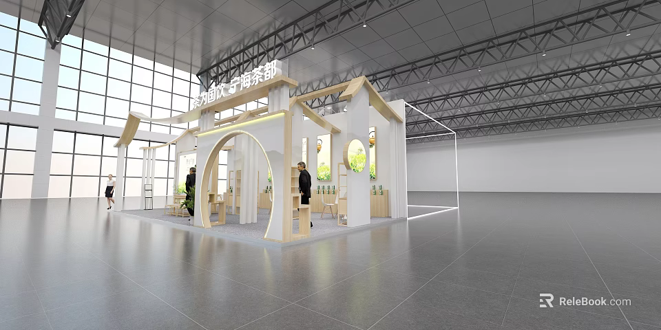 China National Food Fermentation Research Institute Exhibition Booth With Wooden Archway And Product Displays 3d model 