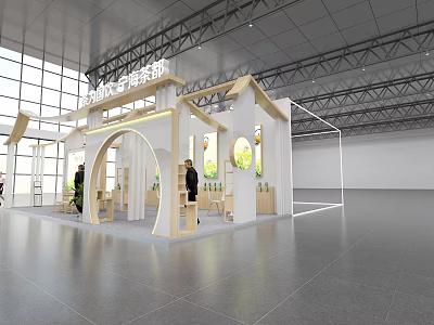 China National Food Fermentation Research Institute Exhibition Booth With Wooden Archway And Product Displays 3d model