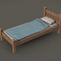 Single Bed With Wooden Slatted Headboard Blue Blanket And Light Colored Pillow