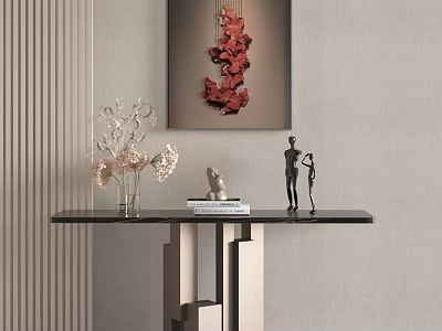 Modern Console Table With Black Top Metal Frame Sculptures Vase And Wall Art 3d model