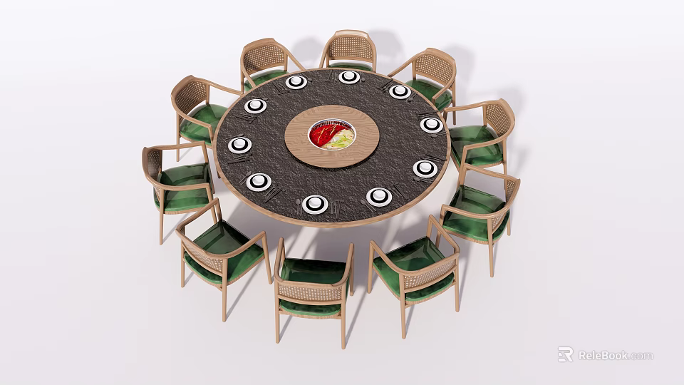 Round Dining Table Set with 8 Wooden Frame Chairs and Green Cushions 3d model 