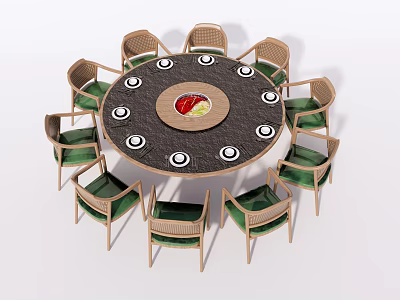 Round Dining Table Set with 8 Wooden Frame Chairs and Green Cushions 3d model