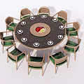 Round Dining Table Set with 8 Wooden Frame Chairs and Green Cushions