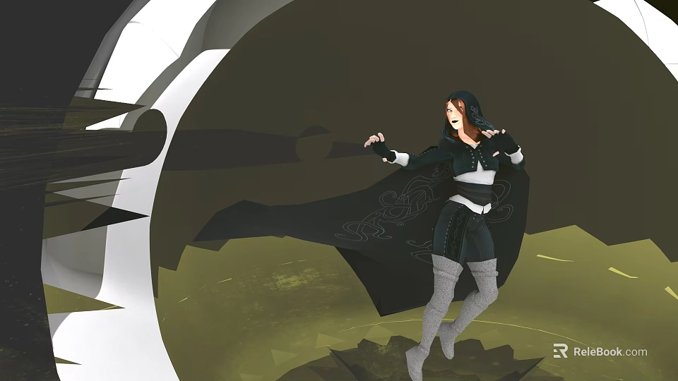 Hooded Woman In Dynamic Pose With Black Cloak And Abstract Geometric Background 3d model 