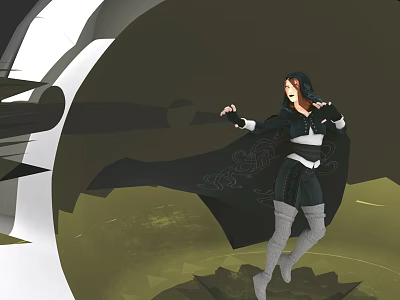 Hooded Woman In Dynamic Pose With Black Cloak And Abstract Geometric Background 3d model