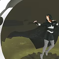 Hooded Woman In Dynamic Pose With Black Cloak And Abstract Geometric Background