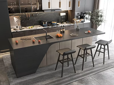 Modern Kitchen Interior Design With Island Counter Stools And Cabinets 3d model