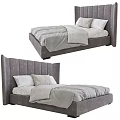 Modern Upholstered Double Bed With Vertical Tufted Headboard And Light Gray Linen Bedding 3d model