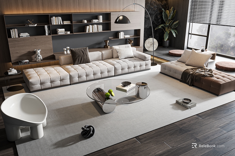 Modern Sofa Coffee Table Set With Grey Rug Floor Lamp Bookshelf And Green Plant 3d model 