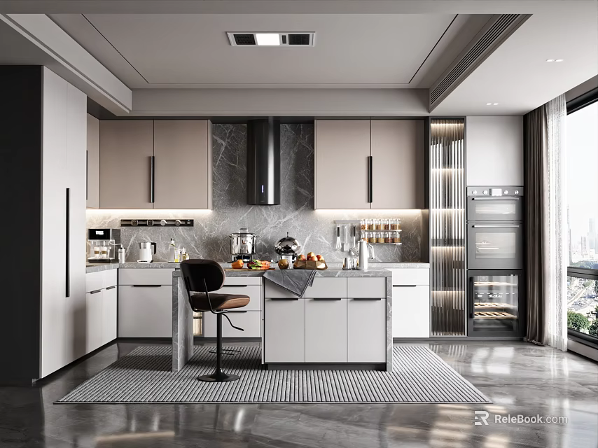 Modern Kitchen Interior Design With Island Counter Marble Countertop Cabinets And Appliances Rug 3d model 