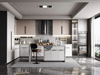 Modern Kitchen Interior Design With Island Counter Marble Countertop Cabinets And Appliances Rug 3d model
