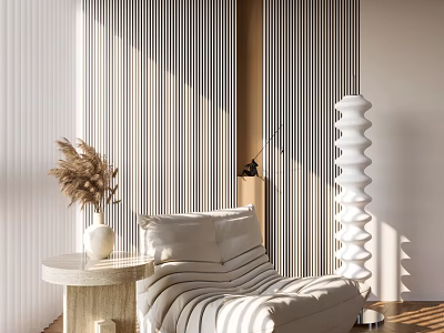 Sunlit Modern Striped Bean Bag Chair With Round Side Table Dried Flowers And Floor Lamp 3d model