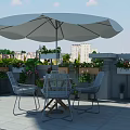 Roof Terrace Garden Landscape With White Umbrella Table Chairs And Colorful Potted Plants