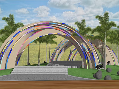Colorful Arch Garden Ornament With Palm Trees And Stone Steps 3d model