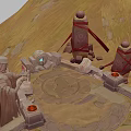 Ancient Circular Structure With Stone Platforms And Character Figures Around 3d model