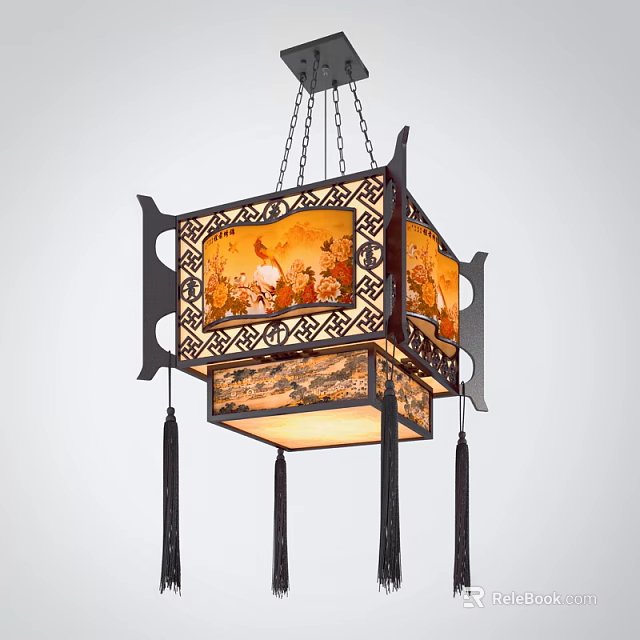 Traditional Chinese Decorative Square Chandelier With Carved Patterns And Hanging Tassels 3d model 