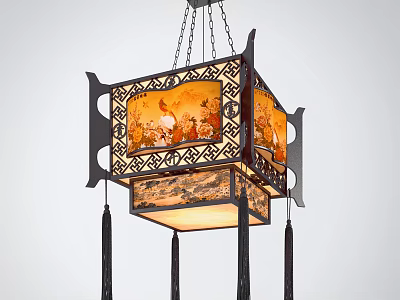 Traditional Chinese Decorative Square Chandelier With Carved Patterns And Hanging Tassels 3d model