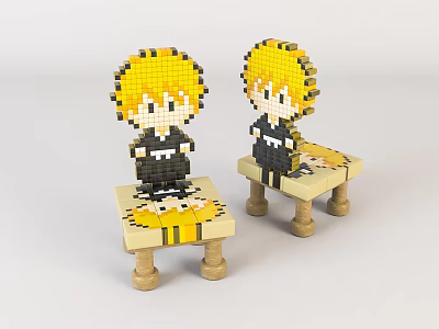 Two Cartoon Characters with Yellow Hair Sitting on Wooden Children's Chair 3d model