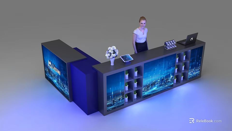 Modern Reception Desk With City Night View Design Flower Arrangement Tablet And Laptop 3d model 