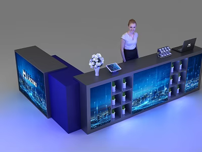 Modern Reception Desk With City Night View Design Flower Arrangement Tablet And Laptop 3d model
