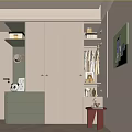 Modern Wardrobe Interior Design With Light Green Drawers Hanging Clothes And Storage Shelves