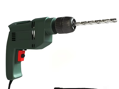 Green Corded Electric Drill Featuring Red Switch And Metal Drill Bit For DIY Tasks 3d model