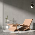 Modern Minimalist Beige Leisure Chair with Ottoman Floor Lamp and Green Plant on Marble Floor