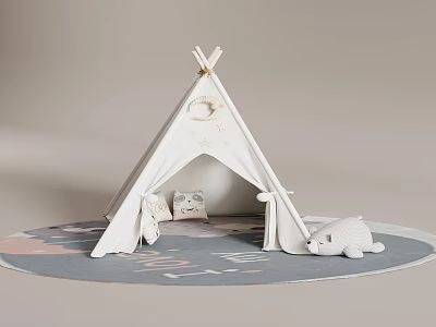 Cute Kids' White Canvas Tent With Plush Toy Cushions And Round Rug In Playroom 3d model