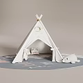 Cute Kids' White Canvas Tent With Plush Toy Cushions And Round Rug In Playroom
